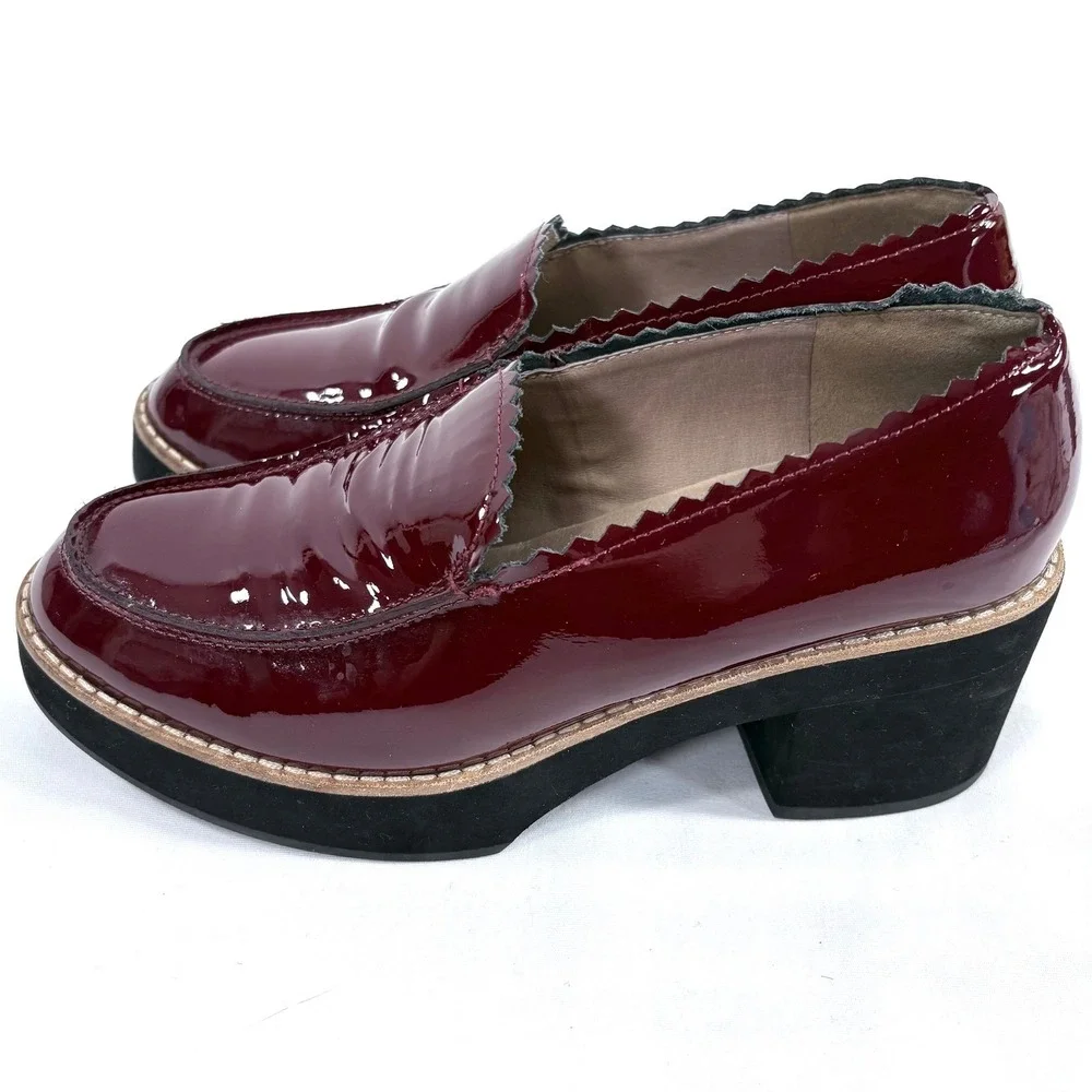 Eileen Fisher Patent Leather Platform Loafers Burgundy‎ Scalloped Heel Shoes